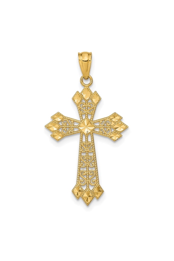 14k Yellow Gold Patonce Cross Pendant Necklace for Men and Women with Filigree Detailing Milgrain Border Vintage Style Spiritual Faith Jewelry Polished Finish Religious Statement Accessory
