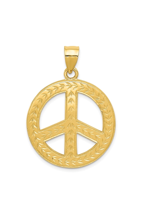 14k Yellow Gold Peace Sign Pendant with Laurel Leaf, Unisex Boho Spiritual Jewelry for Harmony, Unity, and Everyday Minimalist Style