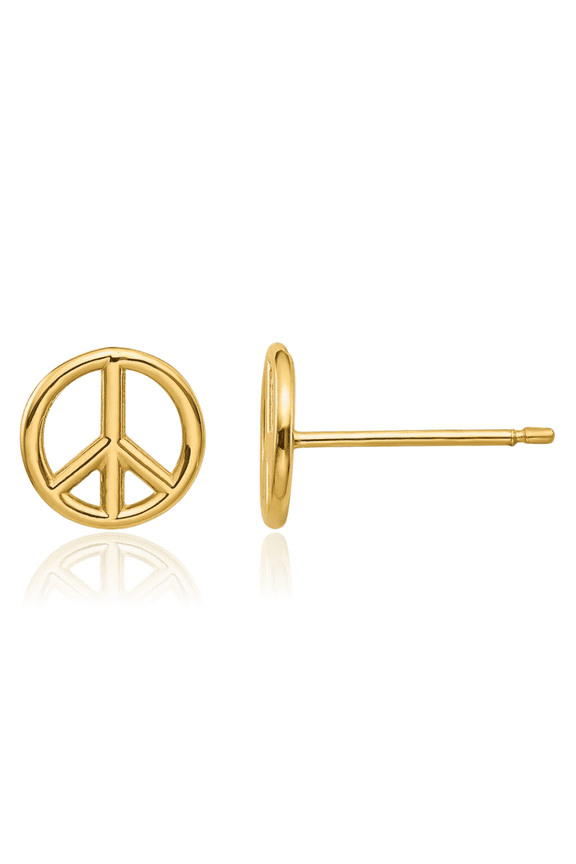 14K Solid Yellow Gold Peace Sign Inspirational Symbol Stud Earrings