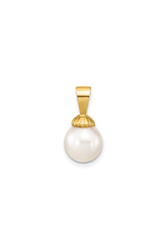 14k Yellow Gold Pearl Pendant Necklace for Women with White Cultured Pearl, Shell-Inspired Cap, Classic Bridal Jewelry, Elegant Formal Accessory, Timeless Sophisticated Style