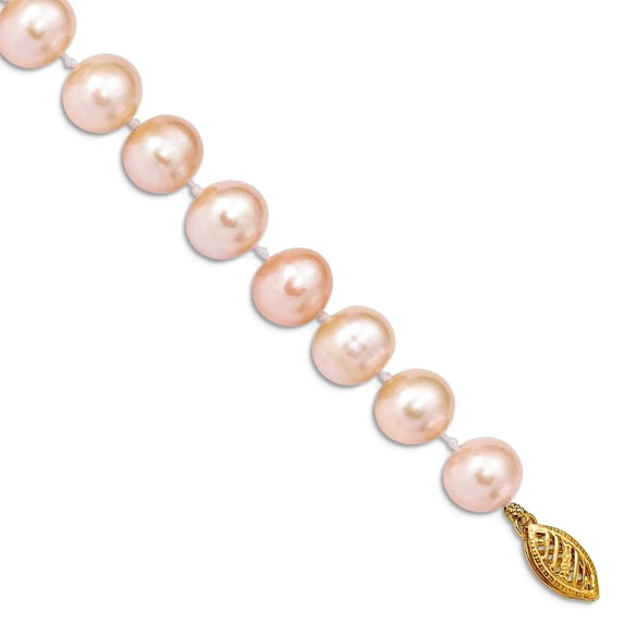 14k Yellow Gold Pearl clasp 8-9mm Pink Near Round Freshwater Cultured Pearl Bracelet 7.5 Inch Link Bracelet for Women