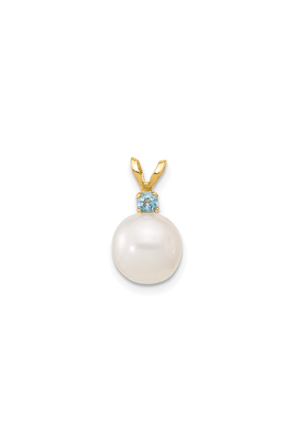 14k Yellow Gold Pendant for Women with White Cultured Pearl and Blue Aquamarine Stone, Classic Fine Jewelry for Bridal and Formal Wear, Symbolizes Purity and Tranquility