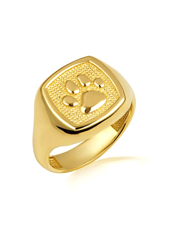 14k Yellow Gold Pet Dog Paw Print Beaded Signet Ring (Size 6)
