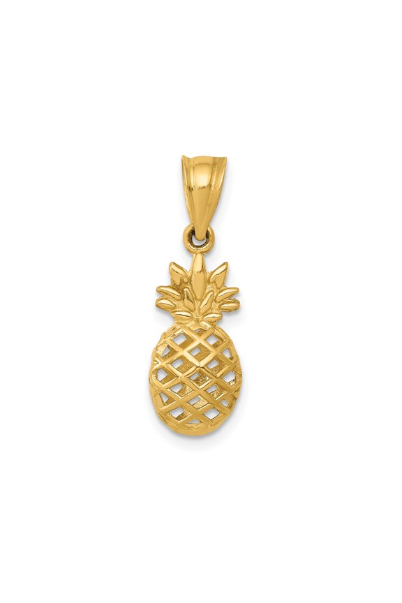 14k Yellow Gold Pineapple Pendant Charm, 3D Lattice Polished Tropical Jewelry for Women