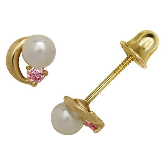 14k Yellow Gold Pink 4x4mm CZ and Freshwater Cultured Pearl Screw-Back Earrings - Measures 6x5mm