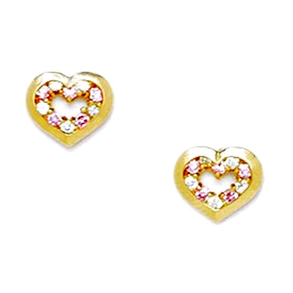 14k Yellow Gold Pink Cubic Zirconia Love Heart Screw Back Earrings 6x7mm Stud Earring for Women