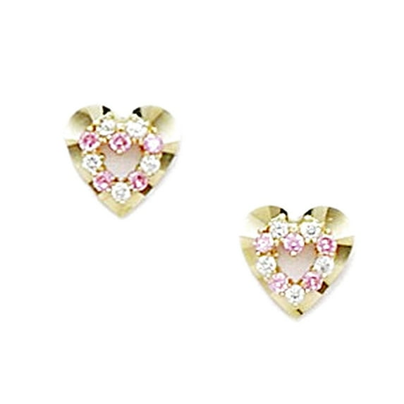 14k Yellow Gold Pink Cubic Zirconia Love Heart Screw Back Earrings 8x8mm Stud Earring for Women