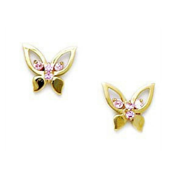 14k Yellow Gold Pink Cubic Zirconia Butterfly Screw-Back Earrings - Measures 7x8mm