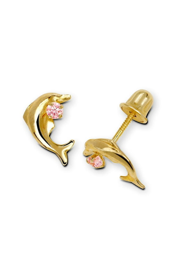 14k Yellow Gold Pink Cubic Zirconia Dolphin Shaped Screw-Back Earrings - Measures 9x6mm