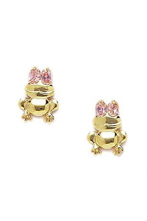 14k Yellow Gold Pink Cubic Zirconia Frog Shaped Screw-Back Earrings - Measures 10x7mm