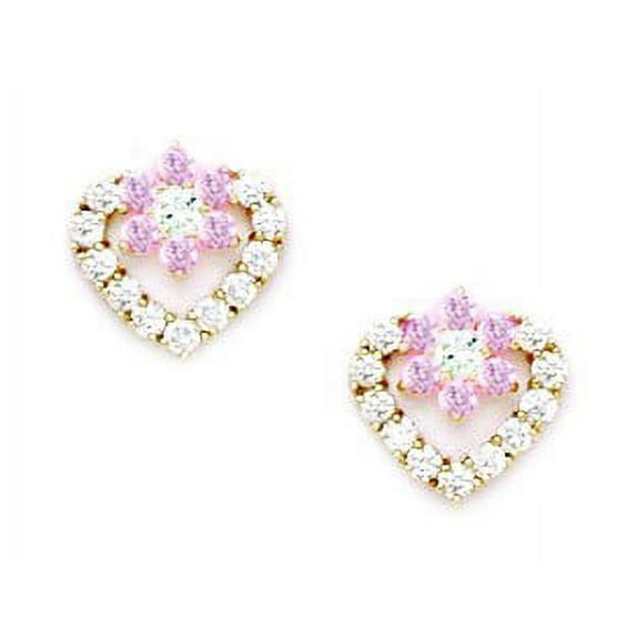 14k Yellow Gold Pink Cubic Zirconia Heart Screw-Back Earrings - Measures 9x9mm