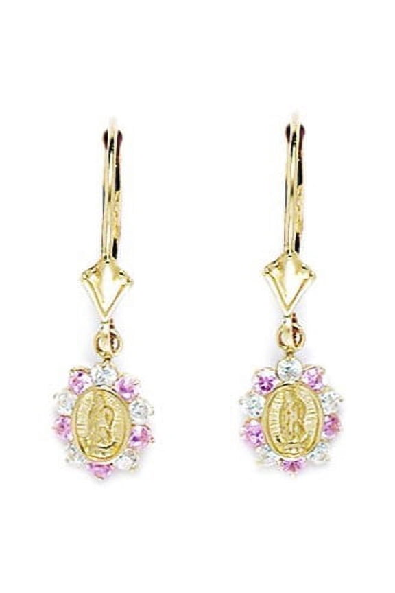 14k Yellow Gold Pink Cubic Zirconia Small Virgin Mary Drop Leverback Earrings - Measures 26x8mm