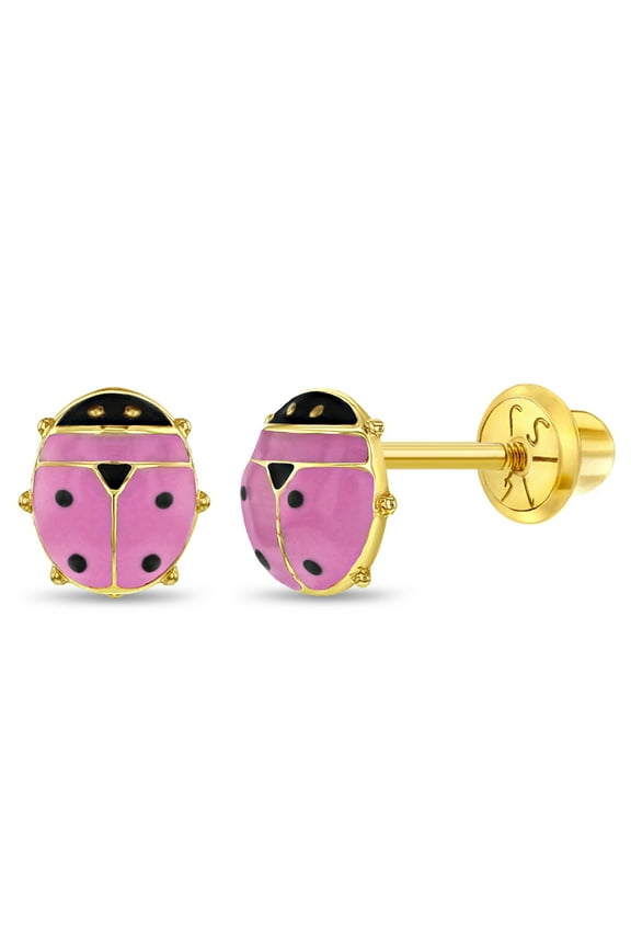 14k Yellow Gold Pink Enamel Little Ladybug Screw Back Earrings for Young Girls
