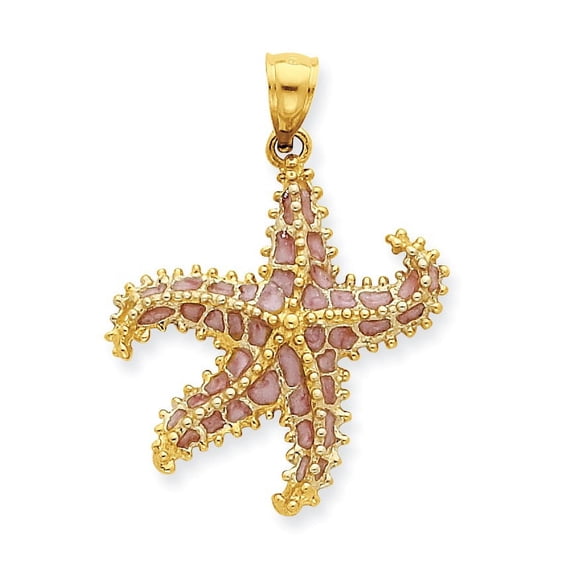 14k Yellow Gold Pink Enameled Starfish (23x32mm) Pendant / Charm