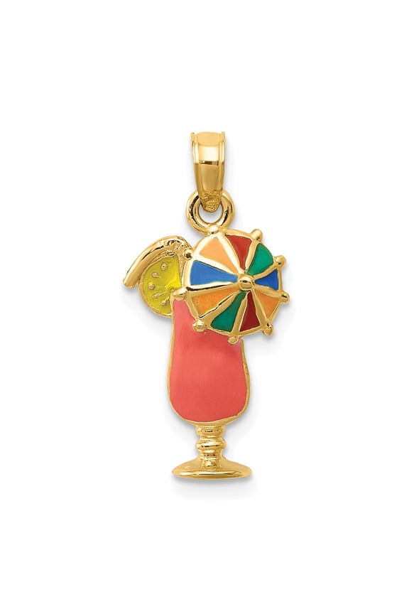 14k Yellow Gold Pink Enameled Tropical Drink Pendant