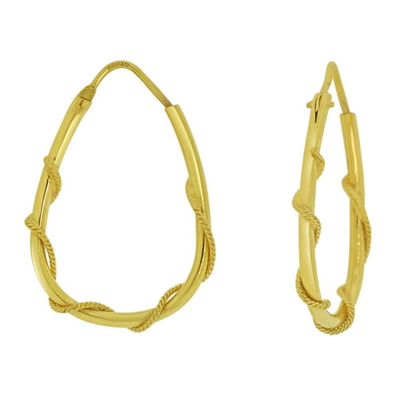14k Yellow Gold, Plain Hollow 3mm Tube Pear Hoop Wire Design Earring 15mm Inner Diameter
