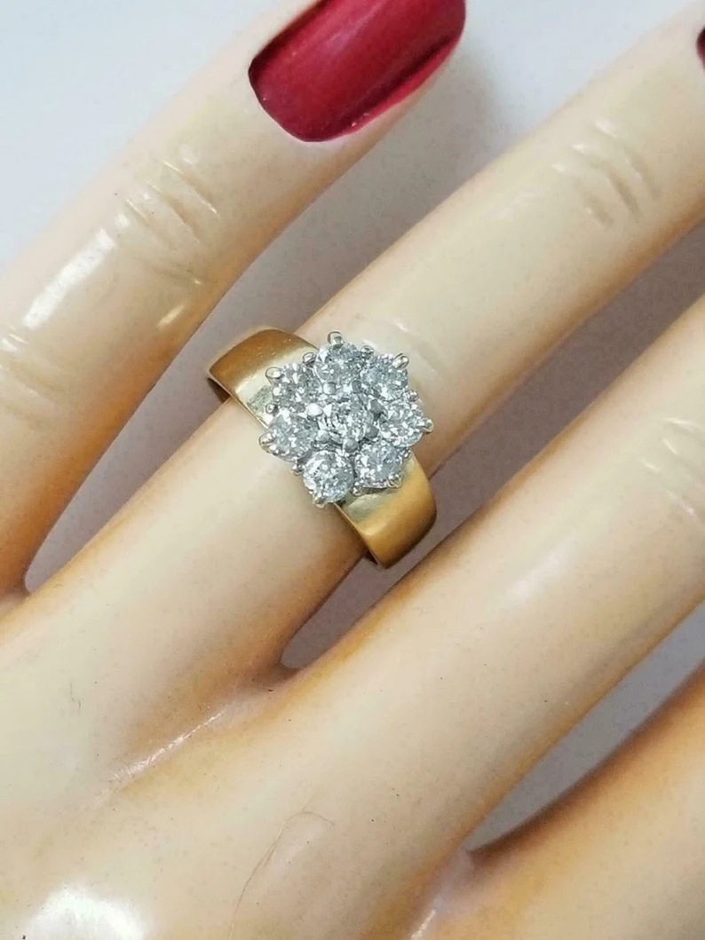 14k Yellow Gold Plated 1.00 Ct Round Cut Diamond Cluster Engagement Ring for Women, Sparkling Diamond Accent Cluster, Elegant Gift for Her