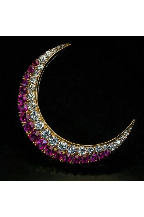 14k Yellow Gold Plated 1.5Ct Round Cut Ruby & Diamond Mini Half Moon Brooch Pin Silver