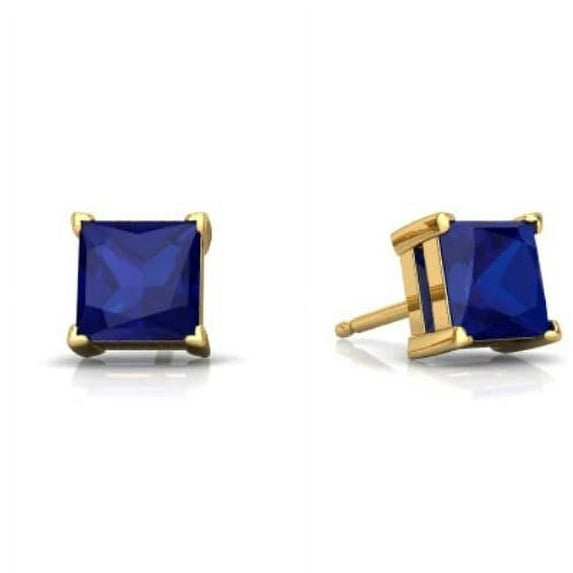 14k Yellow Gold Plated 1 Carat Square Created Blue Sapphire Stud Earrings