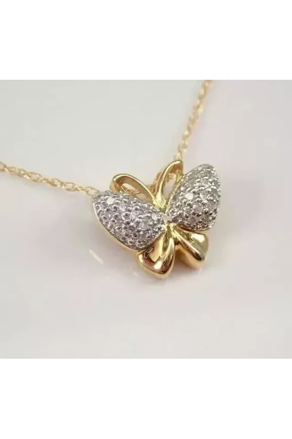 14k Yellow Gold Plated 1Ct Round Cut Lab-Created Diamond Butterfly Women's For Pendant Her Free Chain 18"
