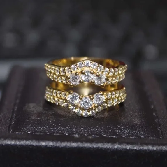 14k Yellow Gold Plated 2 CT Round Cut White Moissanite Wedding Enhancer Wrap Guard Band Ring