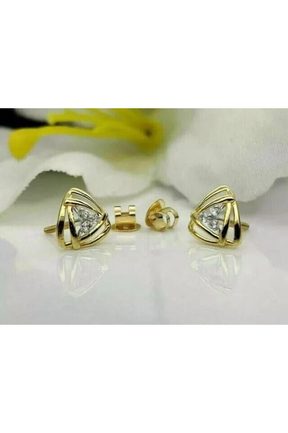 14k Yellow Gold Plated 2CT Simulated Diamond Women Triangle Tiny Stud Earring