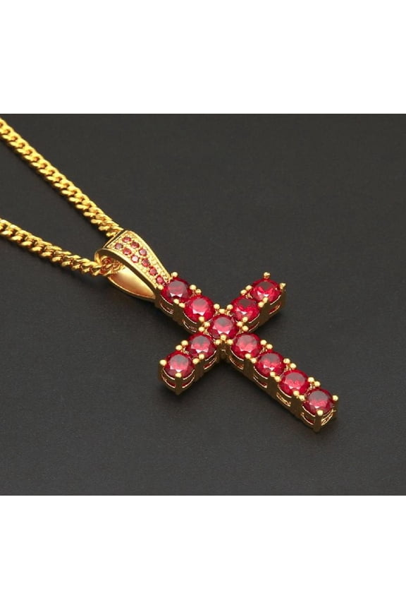 14k Yellow Gold Plated 2Ct Round Cut Red Ruby Lab-Created Cross Pendant