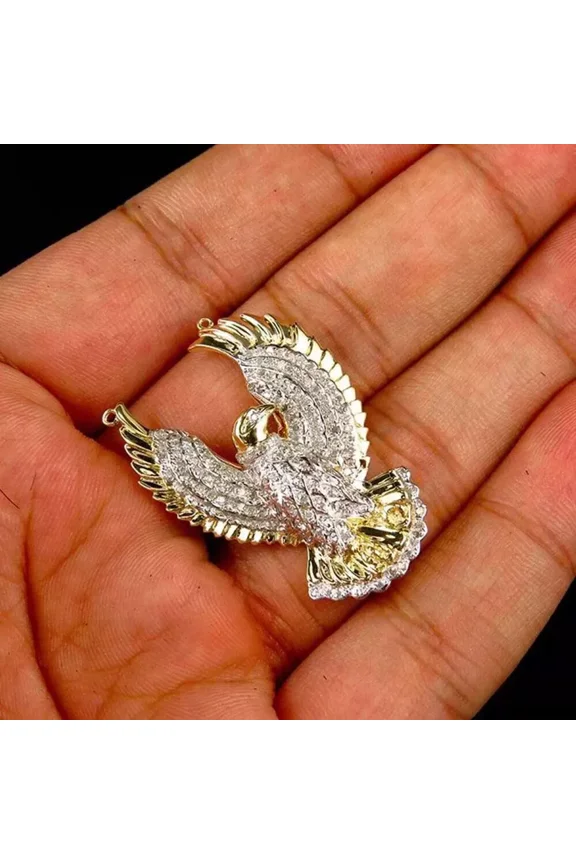 14k Yellow Gold Plated 2Ct Round Lab Created Diamond Eagle Shape Pendant Charm, 2 inch pendant