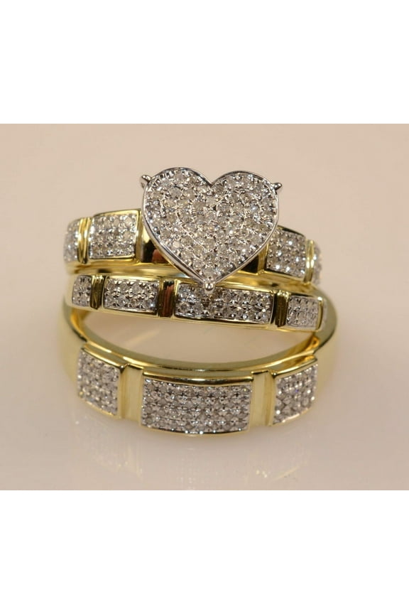 14k Yellow Gold Plated 3Ct Round Cut Diamond His Her Trio Wedding Ring Set -9