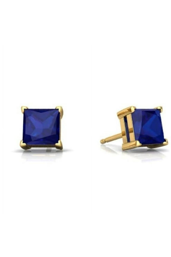 14k Yellow Gold Plated 4 Carat Square Created Blue Sapphire Stud Earrings