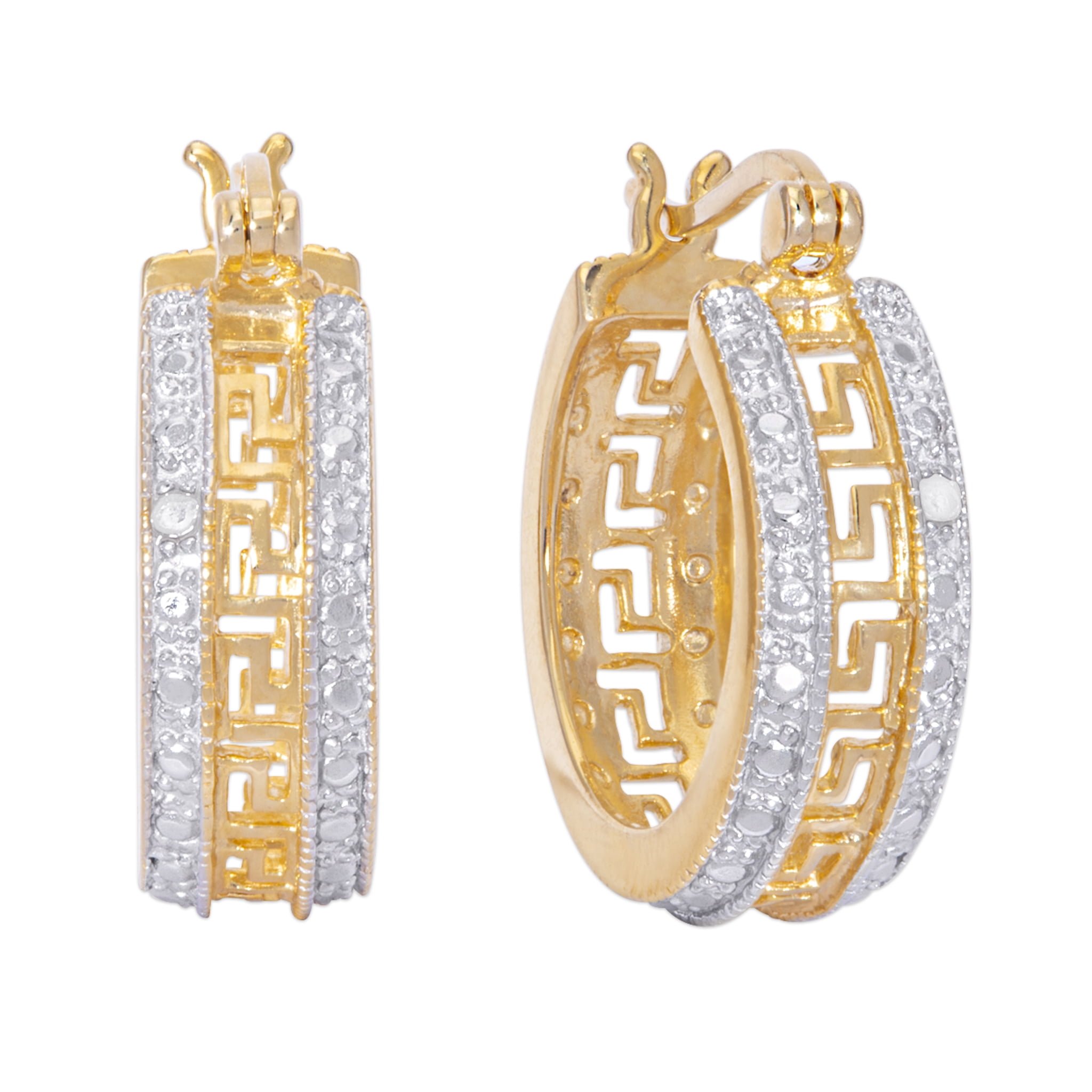 14k Yellow GoldPlated Diamond Accent Greek Key Hoop Earrings