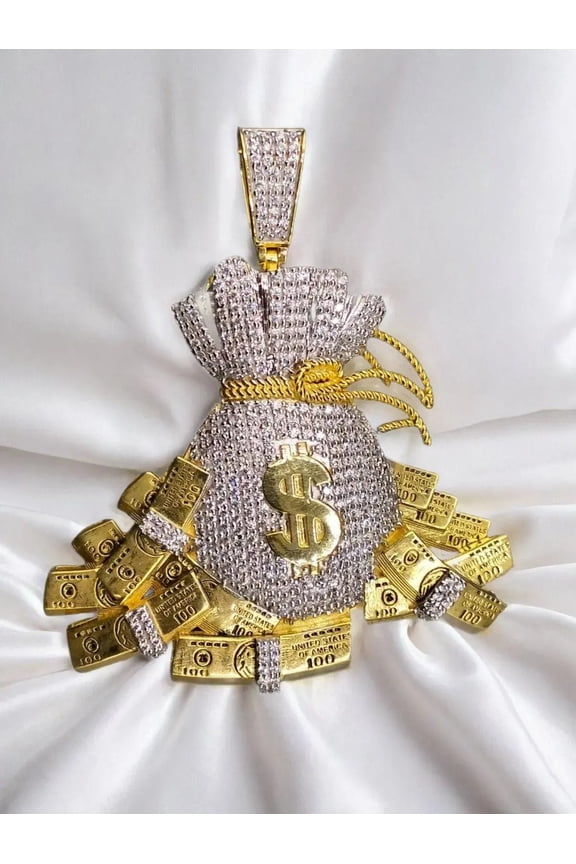 14k Yellow Gold Plated Dollar Bag Pendant Charm - Sterling Silver with Moissanite, Personalized Gift for Anniversary, Birthday, Christmas