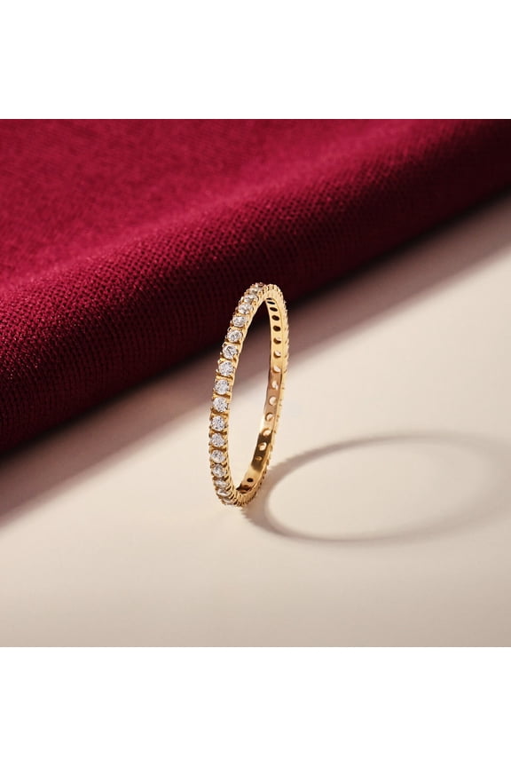 14k Yellow Gold Plated Full Eternity Ring - Minimalist Wedding Ring - Womens Thin Round Diamond Ring - Dainty Stackable Ring - Size 9
