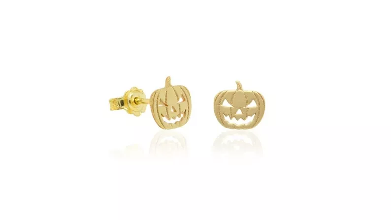 20G Mini Pumpkin Enamel Stud Earrings - Stainless Steel Gold Tone, Flat Screw Back, Halloween Holiday