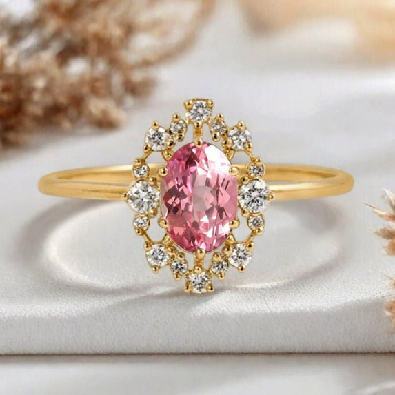 14k Yellow Gold Plated Pink Oval Ring with Moissanite Halo – Elegant Women’s Jewelry Gift For Her