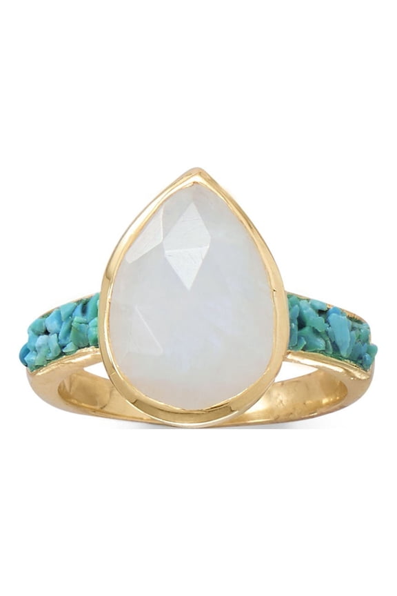 14k Yellow Gold Plated Sterling Silver Rainbow Moonstone and Crushed Turquoise Ring