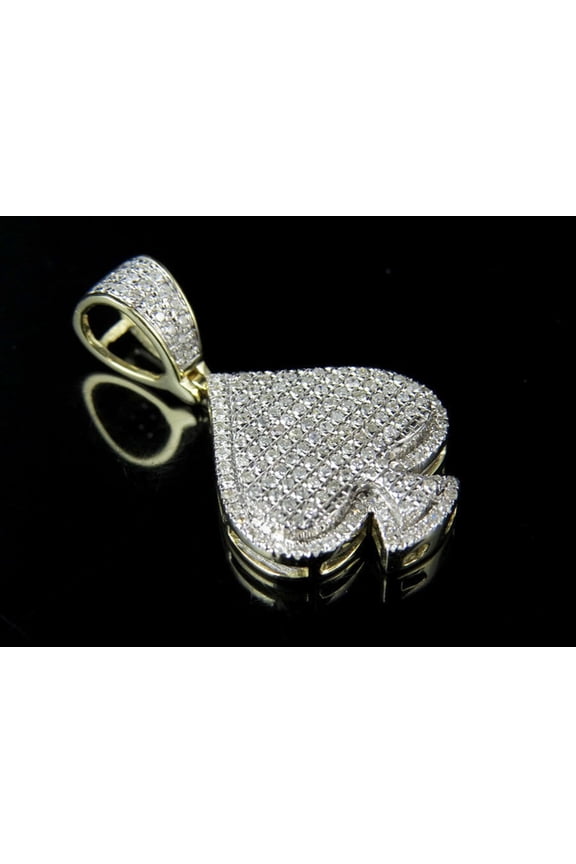 14k Yellow Gold Plated White Round Cut Diamond Playing Card Ace of Spade Pendant Free Chain