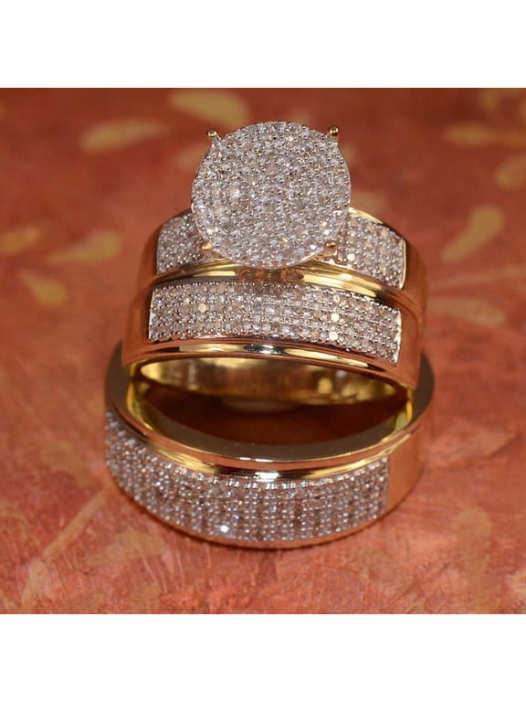 His & Her 14k Yellow Gold Plated White Round Diamond Trio Band Rings - Couple's Anniversary Elegant Present - Engagement Wedding Trio Ring Set For Men & Women