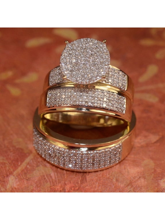 His & Her 14k Yellow Gold Plated White Round Diamond Trio Band Rings - Couple's Anniversary Elegant Present - Engagement Wedding Trio Ring Set For Men & Women