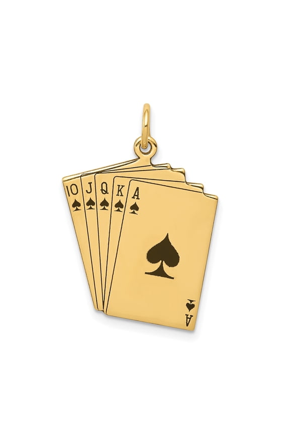 14k Yellow Gold Playing Cards Pendant Necklace Royal Flush Spade Design for Men and Women Unisex Poker Jewelry Symbolizing Luck Strategy and Winning