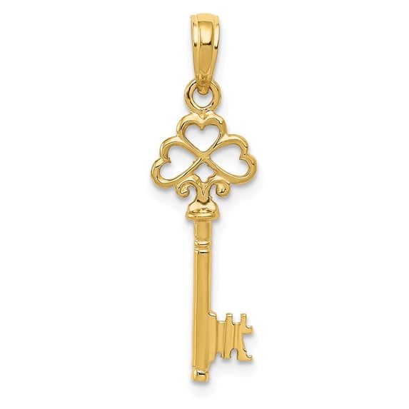 14k Yellow Gold Polished 3-D Hearts Key Charm Pendant