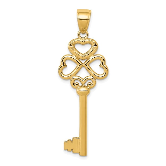 14k Yellow Gold Polished 3D Hearts KEY TO MY HEART Charm Pendant