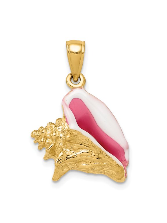 14k Yellow Gold Polished 3Dimensional Pink & White Enameled Conch Shell Charm Pendant