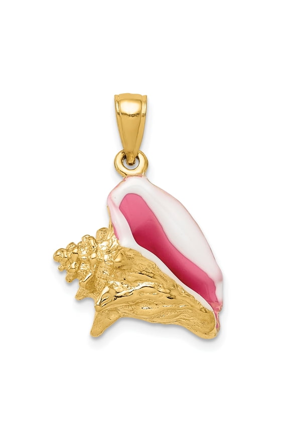 14k Yellow Gold Polished 3Dimensional Pink & White Enameled Conch Shell Charm Pendant