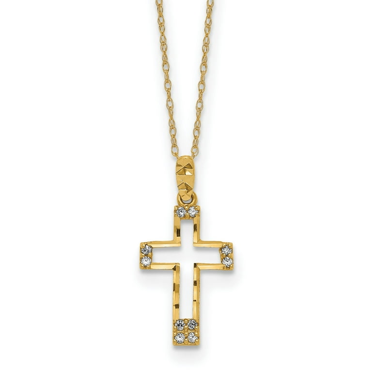14k Yellow Gold Polished CZ Cross Pendant Necklace 16 mm x 10 mm