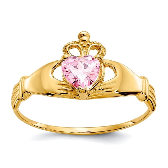 14k Yellow Gold Polished Cubic Zirconia October Irish Claddagh Celtic Trinity Knot Love Heart Ring Statement Ring for Wo