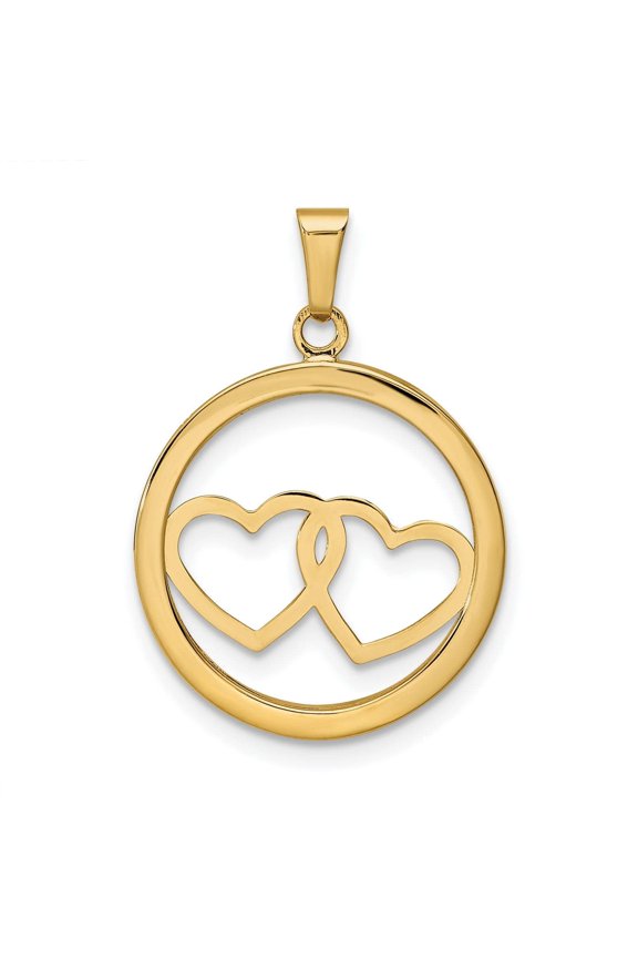 14K Yellow Gold Polished Finish3-Dimensional Double Heart in Circle Design Charm Pendant