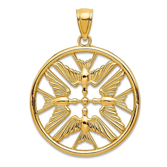14k Yellow Gold Polished Doves In Circle Pendant Necklace 25x24mm Wide Pendant for Women - 2.0 Grams