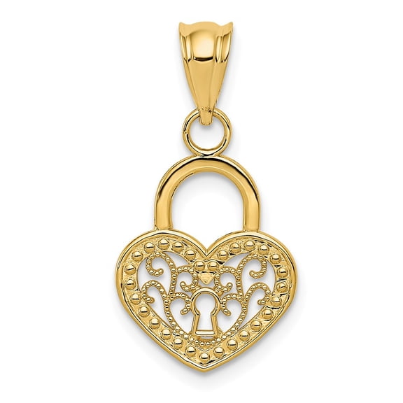 14k Yellow Gold Polished Filigree Heart Lock Charm Pendant