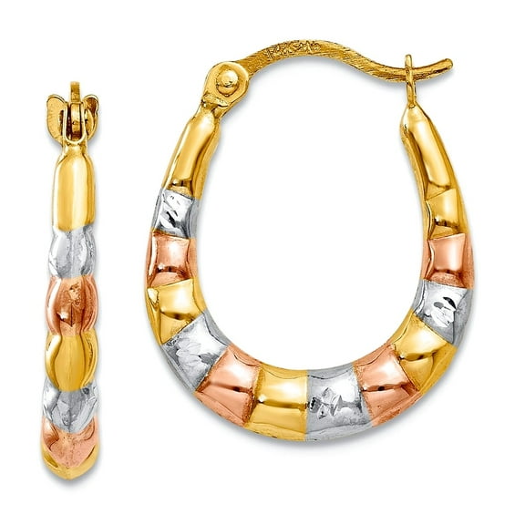 14k Yellow Gold Polished Hinged post and White And Rose Rhodium Hollow Scalloped Hoop Earrings 16x14mm Wide 3m Hoop Earr